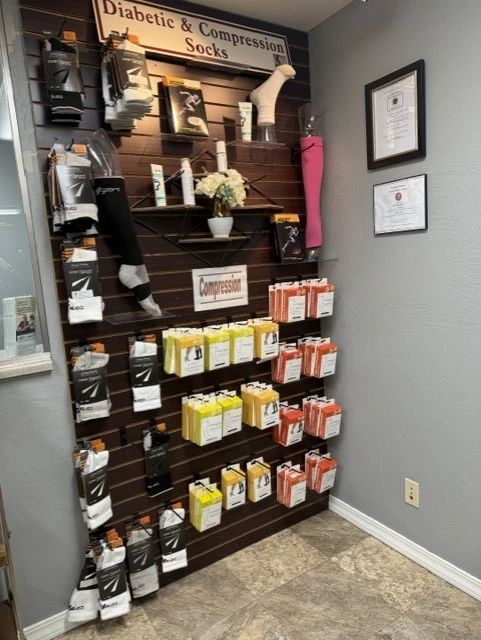 non-binding compression socks on a showroom shelf at our podiatry